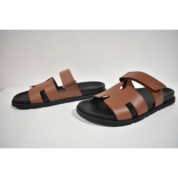Hermes Chypre Sandal Men Black Brown Leather H Logo Slide Slip On Flat 44.5 11.5 - Picture 10 of 12